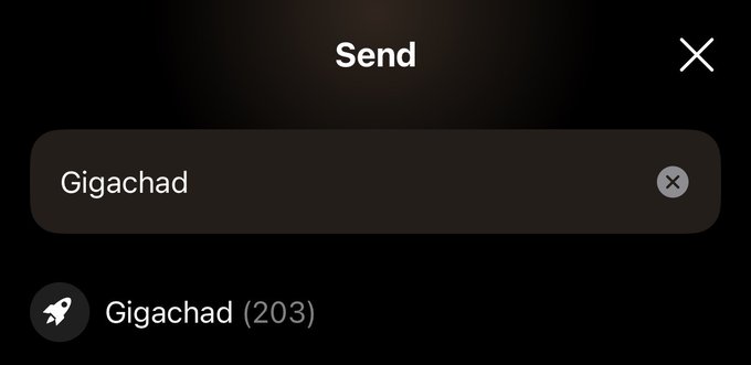 A dark-themed app search interface showing 'Gigachad' typed in the search bar with a result labeled 'Gigachad (203)' displayed below.