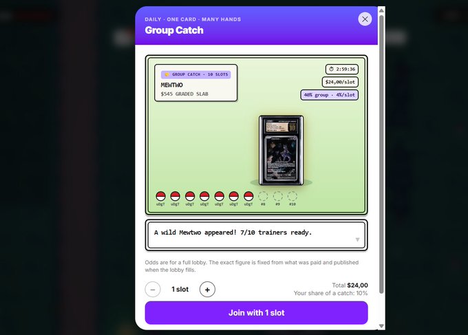 A digital interface showing a 'Group Catch' for a wild Mewtwo Pokémon card ($545 Graded Slab), with 7/10 trainers ready, a 2:59:36 timer, and a 'Join with 1 slot' button for $24.00.