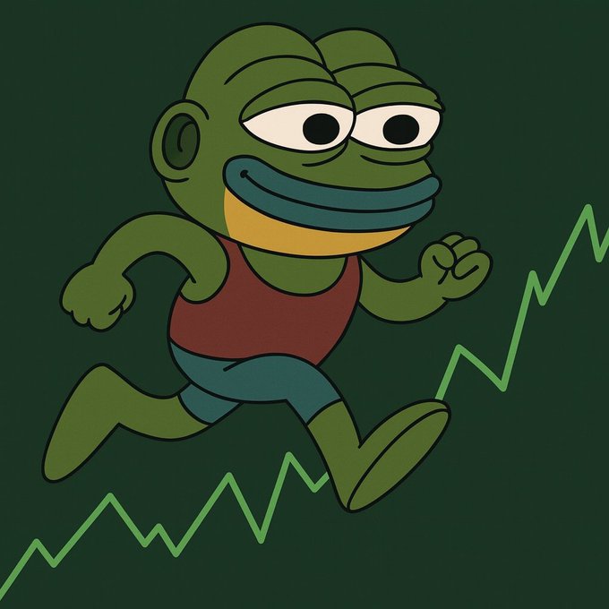 A cartoon green frog character wearing a red tank top and blue shorts runs upward along an ascending green line graph.