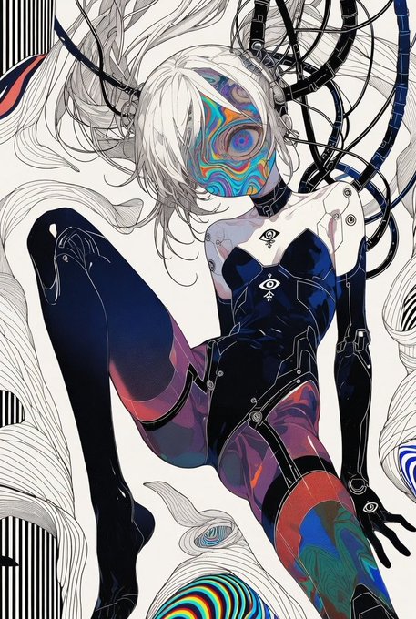 A detailed illustration of a futuristic cyborg woman with white hair and a colorful, iridescent face, wearing a sleek black bodysuit and surrounded by cables and wires.