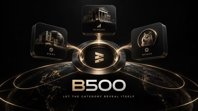 A promotional graphic for B500 featuring a golden glowing design with three icons for Stocks, RWAs, and Memes, accompanied by the tagline 'LET THE CATEGORY REVEAL ITSELF' over an image of Earth.