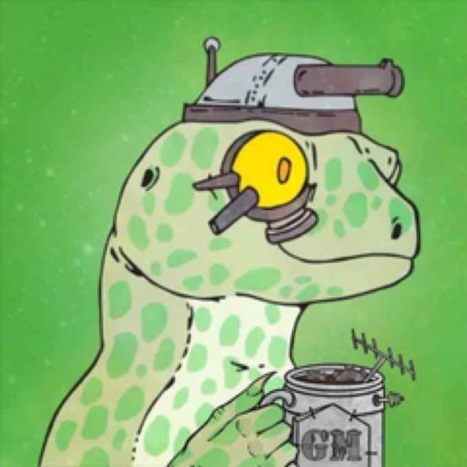 A cartoon illustration of a green spotted dinosaur wearing a military-style helmet and operating a periscope, holding a mug labeled 'GM' against a green background.