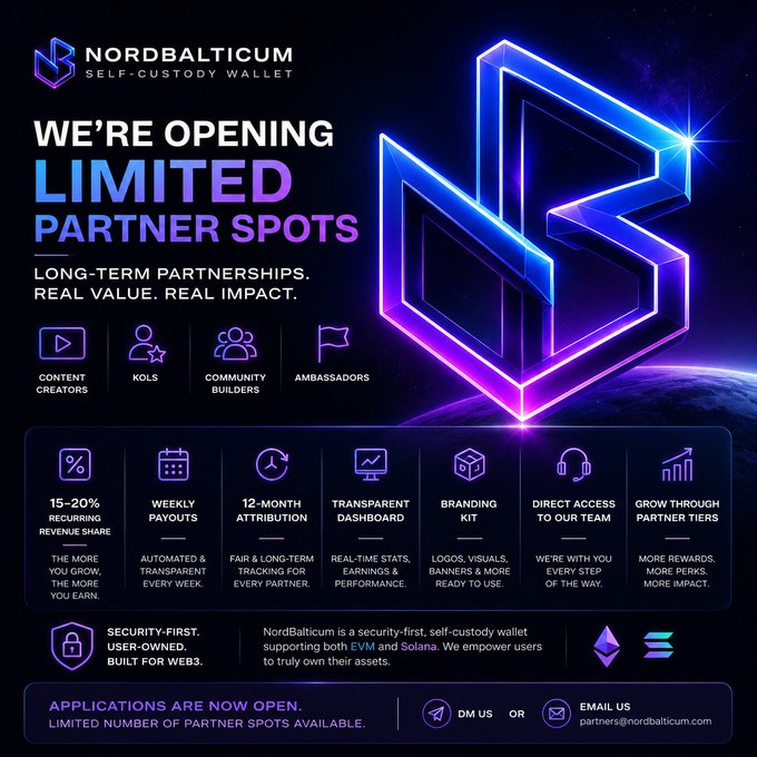 A promotional graphic for 'NordBalticum Self-Custody Wallet' announcing limited partner spots for content creators, KOLs, community builders, and ambassadors, featuring offers like 15-20% recurring revenue share and weekly payouts.