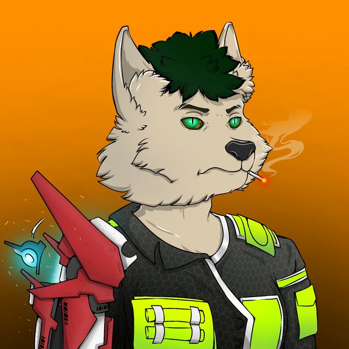 The image shows an anthropomorphic wolf character with green eyes and dark green hair, smoking a cigarette and wearing a black and neon green futuristic jacket with a red mechanical device on their shoulder, set against an orange background. The bold, edgy character design appears to be the mascot or artwork for the "Checker" NFT collection being promoted for its mint on OpenSea.