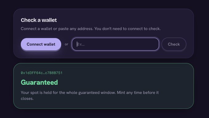 A digital interface for checking a wallet, showing a 'Connect wallet' button, an address input field for '0x...', and a green status indicating 'Guaranteed' with the address 0x1d3FF64c...c7B8B751.