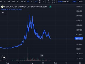 A 2-hour DEX screener chart for NET/USDC on Uniswap showing a price around $699 with a recent significant drop from a peak near $1,300.