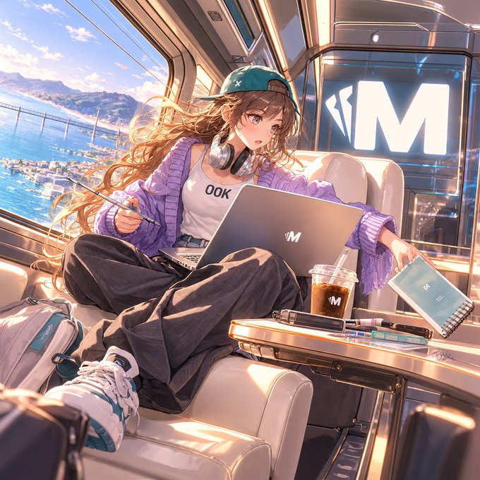 An anime-style illustration of a girl with long brown hair, a green cap, and purple cardigan working on a laptop with 'M' branding, sitting in a modern transit cabin with an ocean and bridge visible through the glass, holding a pen with iced coffee and notebooks nearby.