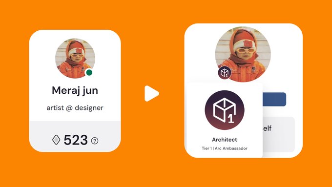 Orange-themed graphic showing a profile transformation for 'Meraj jun' from artist @ designer (523 followers) to Architect (Tier 1 | Arc Ambassador).