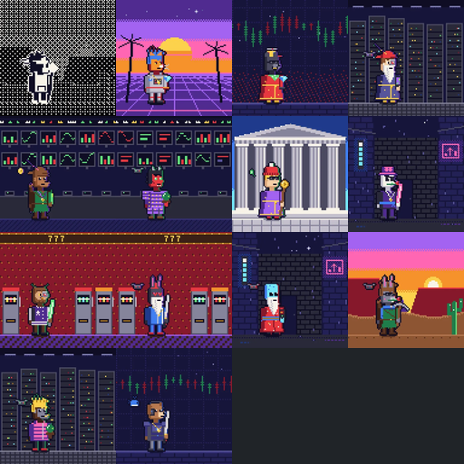 A pixel art collage features various colorful anthropomorphic characters—including cats, bunnies, and bears in diverse outfits—set against stylized backgrounds like server rooms, neon grids, and a Greek temple, with small text reading "777" and "TF" visible. The image ties to the post's excited "BUY BUY BUY!" reaction to a bulk purchase of 14 digital collectible items for 32.92 USDG from the "Candlelords" collection, showcasing the variety of character sprites acquired in the spree.
