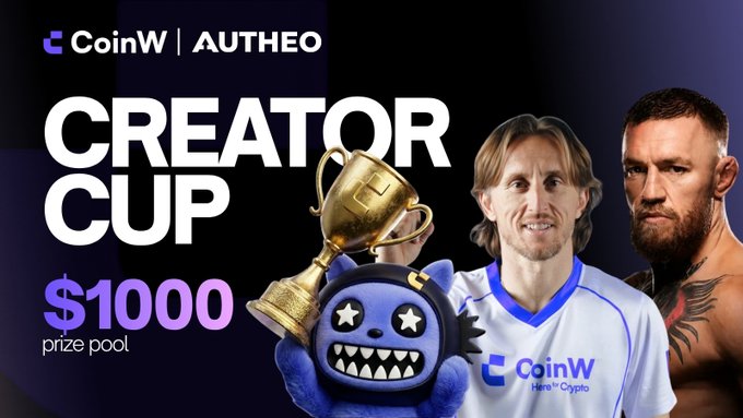 A promotional graphic for 'CoinW | AUTHEO CREATOR CUP' featuring a $1000 prize pool, with a soccer player holding a trophy and a boxer on the right.