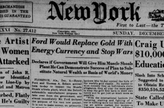 The image features an old newspaper page from New York Times dated December 2, 1912. The headline of the article reads "Ford Would Replace Gold With Energy Currency And Stop Wars", which suggests that there was a discussion about the potential use of energy currency as a means to replace gold in the financial world at that time. The article also mentions that Henry Ford would describe Bitcoin in 1921 and that he didn't even have the internet or a computer, indicating how far technology has come since then.