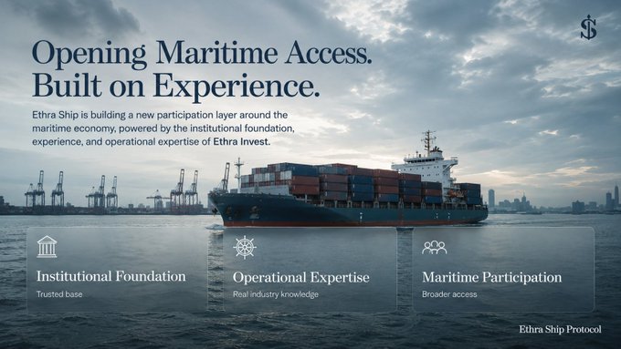The image is a promotional banner for "Ethra Ship" with the tagline "Opening Maritime Access. Built on Experience," explaining that Ethra Ship is building a participation layer around the maritime economy based on the institutional foundation and operational expertise of Ethra Invest. It features a large container ship at sea with three pillars highlighted: "Institutional Foundation – Trusted base," "Operational Expertise – Real industry knowledge," and "Maritime Participation – Broader access," labeled as the "Ethra Ship Protocol" at the bottom.