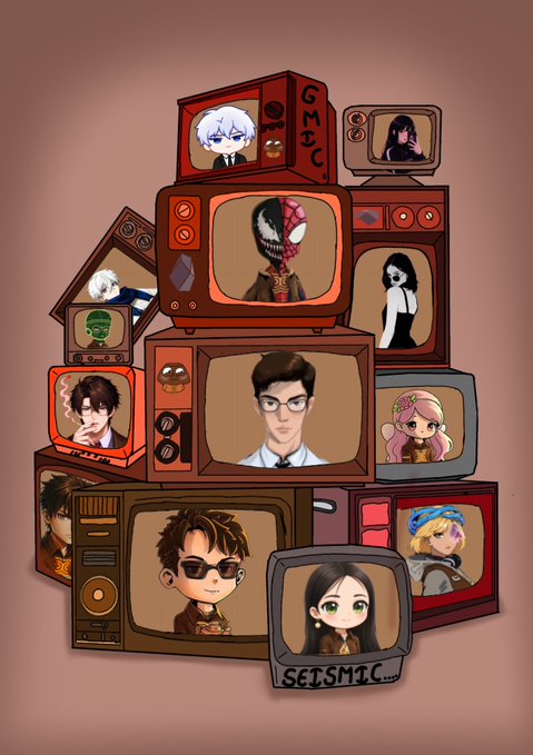 An artistic illustration featuring stacked vintage television sets, each displaying portraits of various characters, with the label 'SETS.M.T.C.' visible at the bottom.