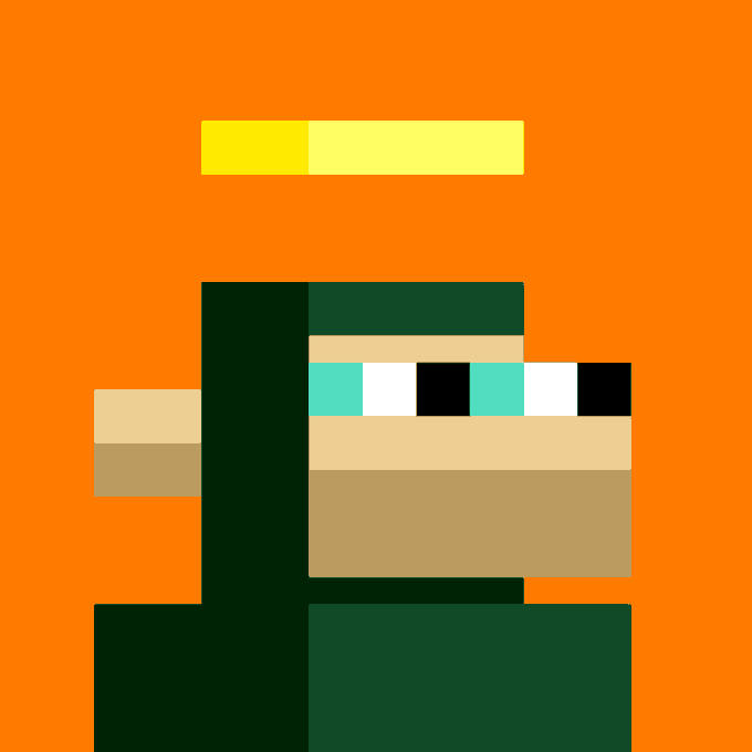 A minimalist pixel-art style illustration of a character with a yellow rectangular head, dark green and beige clothing, and cyan glasses against an orange background.