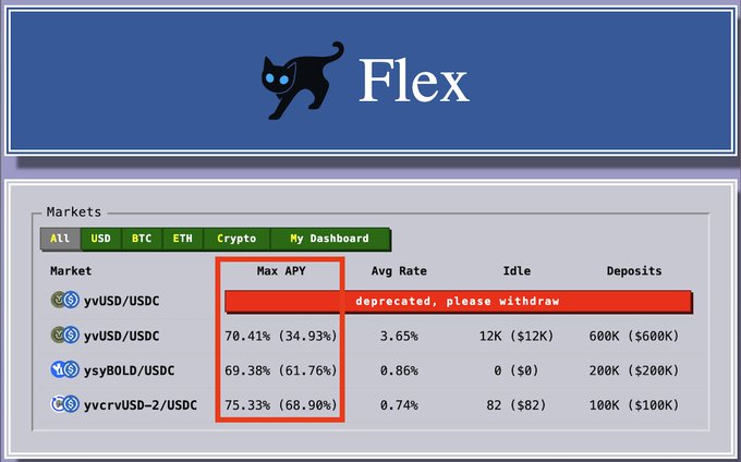 Screenshot of a crypto lending platform called 'Flex' showing a markets table with a red box highlighting the 'Max APY' column displaying yields like 70.41% and 75.33% for USDC pairs, with one entry marked 'deprecated, please withdraw'.