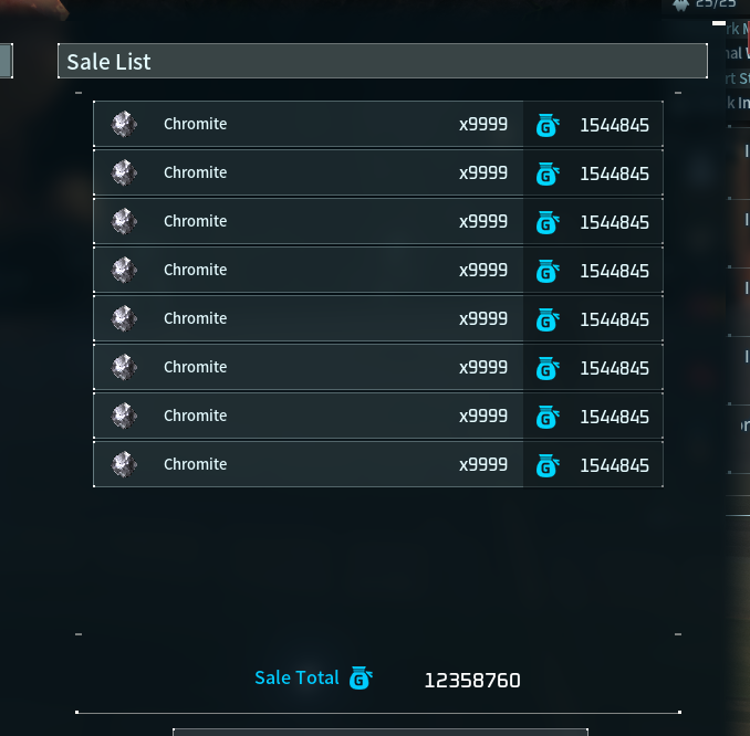 A video game sale list showing multiple Chromite items x9999 at 1,544,845 each with a sale total of 12,358,760.