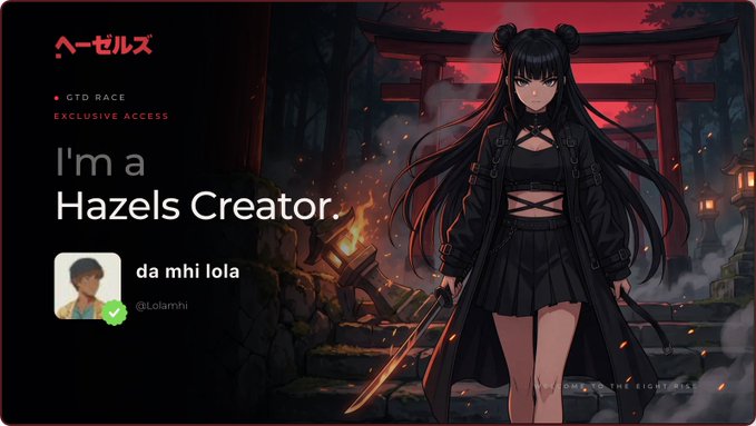 Anime-style character with black hair holding a sword, with text reading 'I'm a Hazels Creator' and 'da mhi iola @lolamihi'.