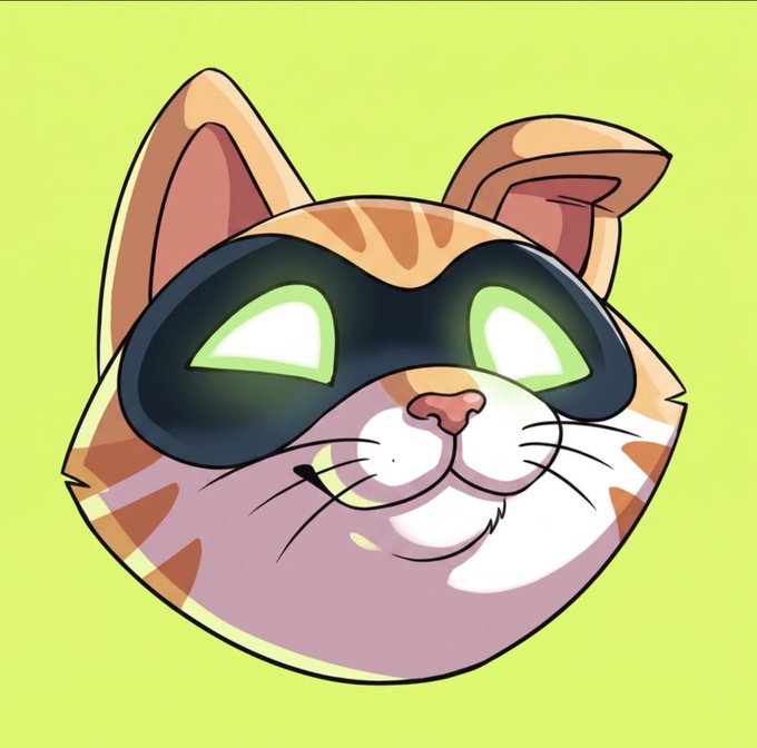 A cartoon illustration of an orange tabby cat wearing a black domino mask against a lime green background, resembling Catwoman.