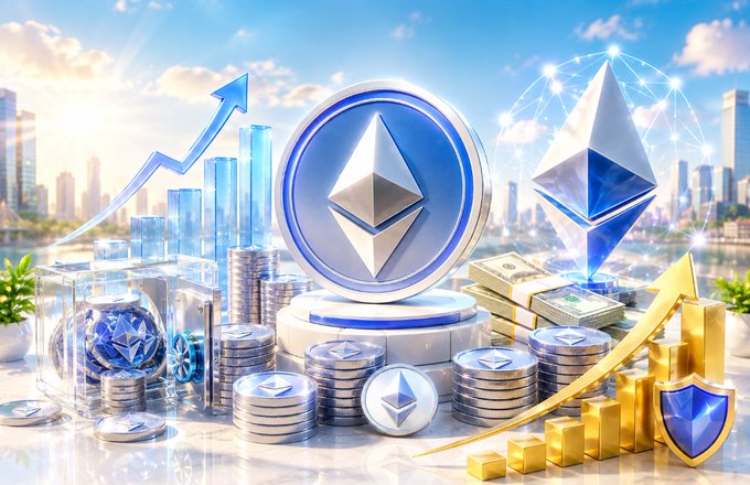 Digital artwork displaying Ethereum (ETH) cryptocurrency coins, stacks of money, and ascending arrows against a city skyline background.