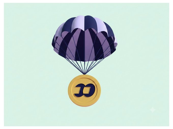 A gold coin featuring a stylized 'JD' logo attached to a purple and white striped parachute, set against a pale mint background.