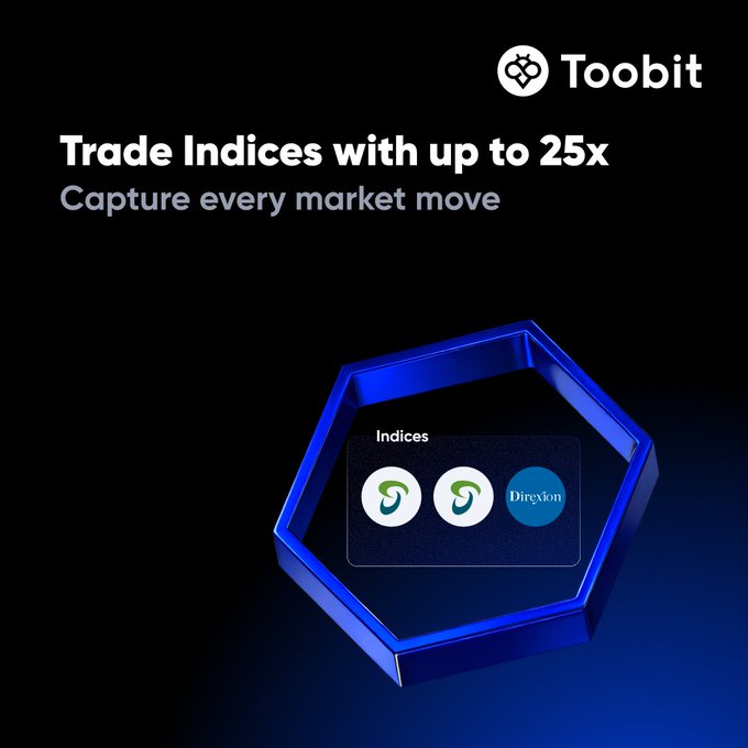 A Toobit advertisement promoting 'Trade Indices with up to 25x - Capture every market move' with a dark blue hexagonal display showing platform logos including Direxion.