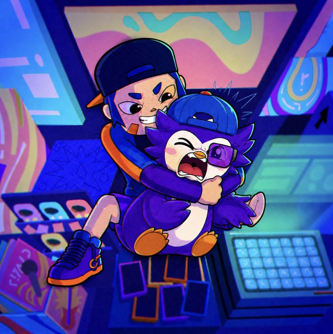 A vibrant digital illustration of a mischievous character wearing a backwards cap hugging a small purple penguin-like creature wearing a cap, set in a colorful arcade environment with a keyboard visible.