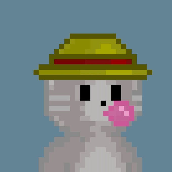 A pixel art illustration of a white cat wearing a yellow straw hat with a red band, with a pink bubble or flower near its mouth, on a blue background.
