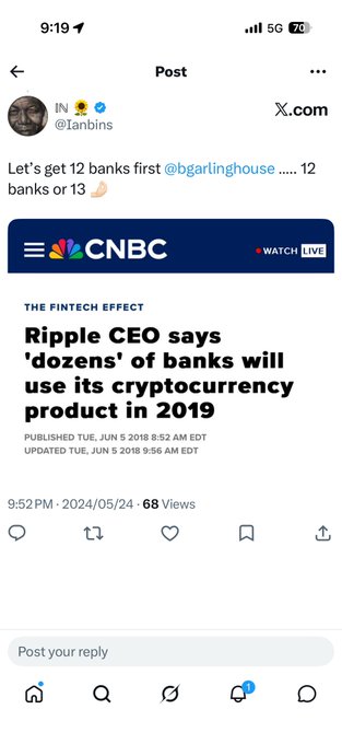A screenshot of a social media post by @Tanbins on X.com, quoting a CNBC article titled "Ripple CEO says 'dozens' of banks will use its cryptocurrency product in 2019," with the user's comment reading "Let's get 12 banks first @bgarlinghouse .... 12 banks or 13 💪." The post relates to the accompanying caption by praising Ripple CEO Brad Garlinghouse's forward-looking prediction about bank adoption of Ripple's crypto product.