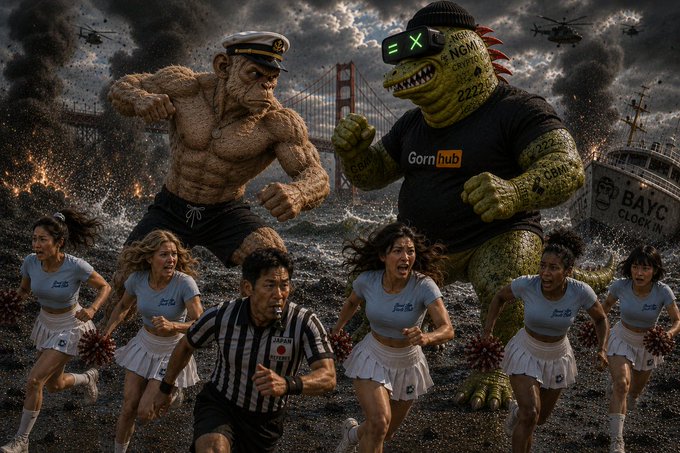 A chaotic AI-generated image depicting muscular figures and a dinosaur-like character with 'Pornhub' and 'X' logos fighting amid an apocalyptic scene with a referee and cheerleaders.