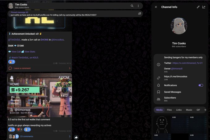 A screenshot showing the Telegram channel info for "Tim Cooks" with 866 subscribers, displayed alongside pinned posts including a call for $HOME mentions and a SOL giveaway announcement tied to engagement on the "axiom.trade" platform. The image supports the post's claim by highlighting the active community and engagement-driven nature of @timonsol's channel.