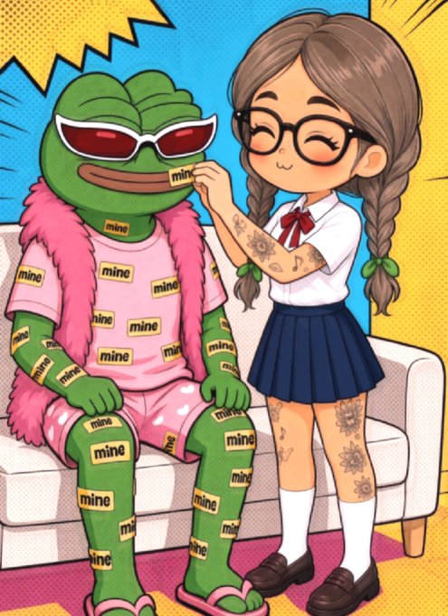 An anime-style illustration featuring the Pepe the Frog character wearing sunglasses and a pink outfit covered in 'mine' stickers, being fed by a bespectacled girl with braided hair in a school uniform.