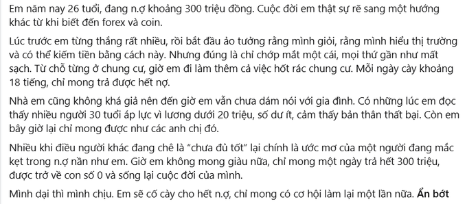 The image shows a Vietnamese social media post from a 26-year-old who has accumulated 300 million VND in debt from forex and cryptocurrency trading, expressing despair and feeling like a failure compared to peers, while clinging to hope of paying off the debt to return to "zero" and rebuild their life.