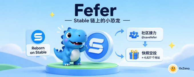 A promotional banner for 'Fefer' featuring a cute blue dinosaur mascot with the tagline 'Reborn on Stable' and Chinese text 'Stable 链上的小恐龙', promoting community airdrop with 4,627 addresses.