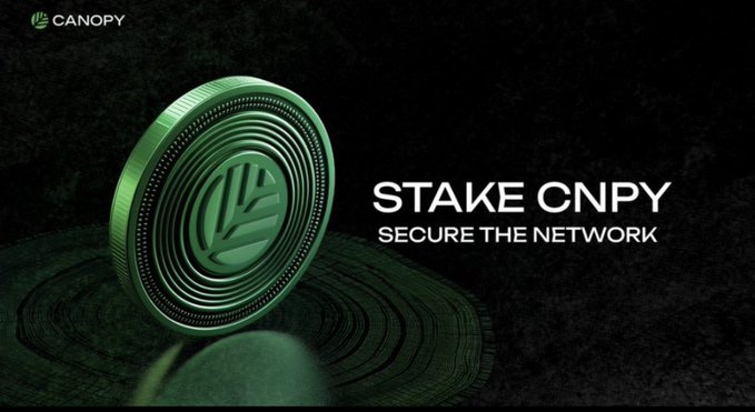 A promotional graphic by Canopy featuring a green coin with the Canopy leaf logo, with the text "STAKE CNPY SECURE THE NETWORK."