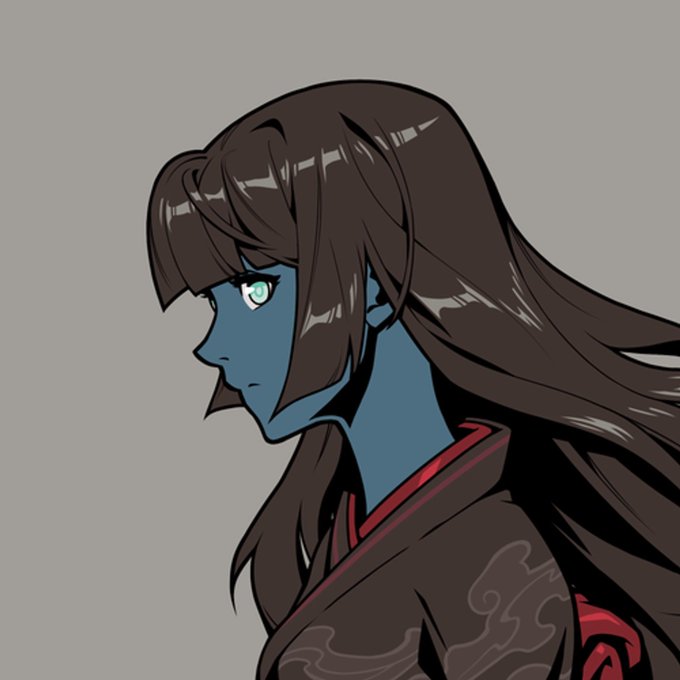 A digital illustration of a character with blue skin, long flowing brown hair, and striking green eyes, wearing a dark robe with red trim.