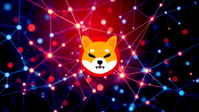 A digital illustration of the Shiba Inu dog logo, representing the SHIB cryptocurrency, is displayed against a dark background with a network of red and blue glowing nodes and connecting lines.