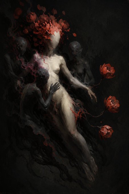 A dark, painterly artwork shows a pale, faceless figure surrounded by shadowy entities, with red flowers blooming from the top of its head and trailing down its body.
