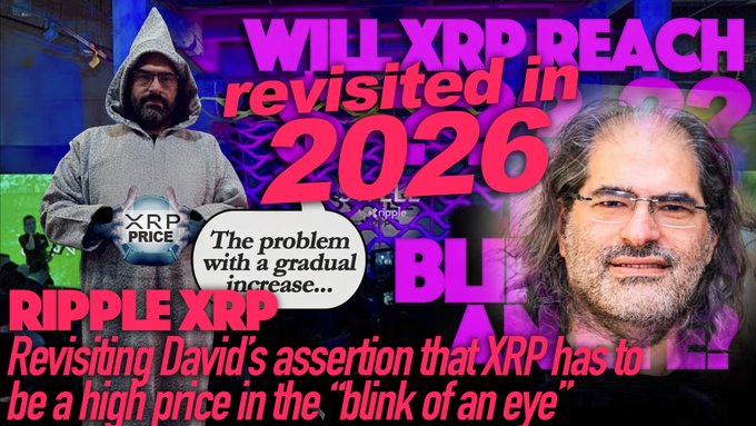 A YouTube thumbnail titled 'WILL XRP REACH revisited in 2026?' featuring a hooded man and a man with glasses, discussing Ripple XRP predictions.