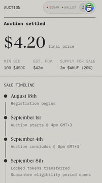 The image shows an auction settlement summary for the $WHUF token (Sonar Valley), with a final price of $4.20, a minimum bid of 100 $USDC, and an estimated FDV of $42m, listing 2m tokens (20%) for sale with key dates from August 18th to September 8th. While the post discusses presales for $Jumper (24x oversubscribed) and $ETHOS ($8.7M committed), the image actually relates to the Sonar Valley auction, not the projects mentioned in the text.