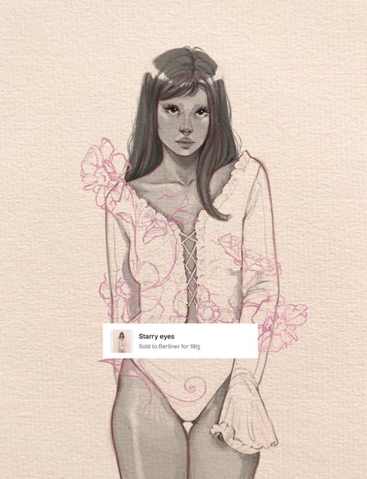 A grayscale illustration of a young woman with long hair wearing a floral-patterned top, with an overlaid text box reading 'Starry eyes - Sold to Berliner for 1Btc'.