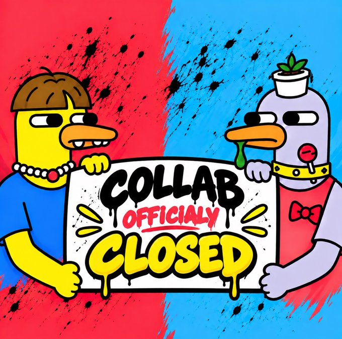 A colorful cartoon graphic showing two duck-like characters holding a sign that reads 'COLLAB OFFICIALLY CLOSED' against a red and blue splattered background.