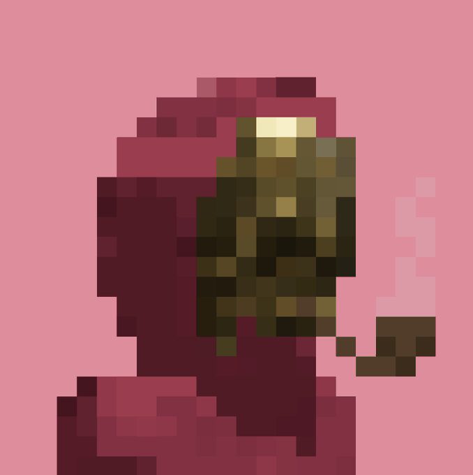 A low-resolution pixel art portrait depicts a figure in deep red and burgundy tones alongside a muted green form, possibly holding a pipe, set against a soft pink background. The stylized composition and luxurious, saturated color palette visually echo the post's caption about "Agro Gold," suggesting themes of indulgence and overindulgence.