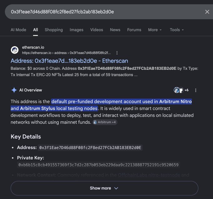 A Google search result for the address "0x3f1eae7d46d88f08fc2f8ed27fcb2ab183eb2d0e" displays an AI Overview identifying it as the default pre-funded development account used in Arbitrum Nitro and Arbitrum Stylus local testing nodes, with its private key visible on Etherscan. This relates to the post by exposing a publicly known test wallet address (and its private key) commonly referenced in Arbitrum's documentation, highlighting a development-related rather than investment-related connection.