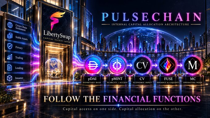 A promotional graphic for 'PULSECHAIN INTERNAL CAPITAL ALLOCATION ARCHITECTURE' featuring 'LibertySwap' and various cryptocurrency tokens including pDAI, pMINT, CV, FUSE, and MC.
