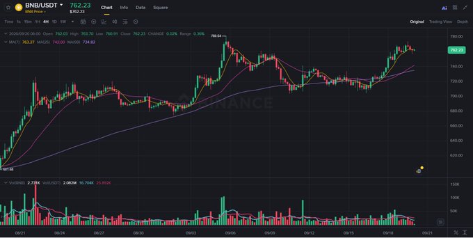 A cryptocurrency trading chart on Binance displays the BNB/USDT pair priced at 762.23, showing a candlestick pattern with moving averages and volume bars.