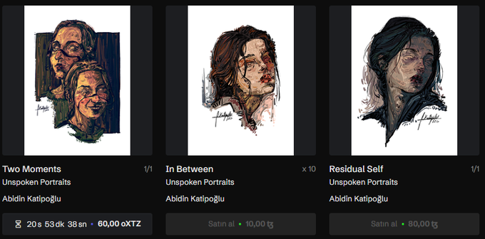 Three digital art NFT listings titled 'Two Moments,' 'In Between,' and 'Residual Self' from artist Abidin Katipoğlu, part of an 'Unspoken Portraits' collection priced in Tezos (XTZ).