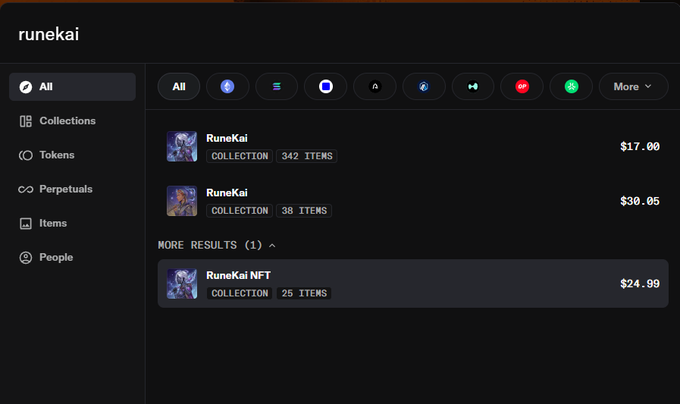 A screenshot of an NFT marketplace search for 'runekai' showing results including 'RuneKai COLLECTION' for $17.00, 'RuneKai COLLECTION' for $30.05, and 'RuneKai NFT COLLECTION' for $24.99.