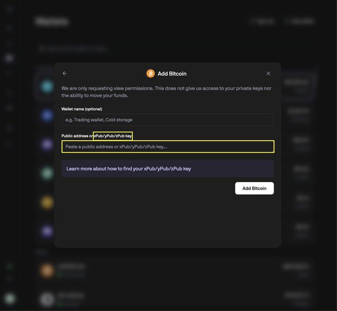 A dark-themed modal titled 'Add Bitcoin' requests view permissions, with fields for a wallet name (showing 'Trading wallet, Cold storage') and a public address or xPub/yPub/zPub key to paste.
