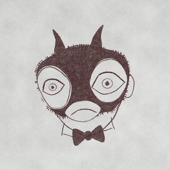 A hand-drawn sketch in dark brown showing a round, horned creature with large wide eyes and a bow tie on a textured cream background.
