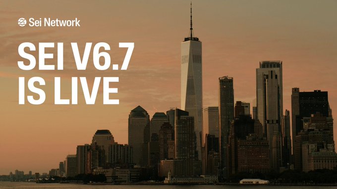 A promotional graphic showing the New York City skyline at sunset with the text "Sei Network" logo and "SEI V6.7 IS LIVE".